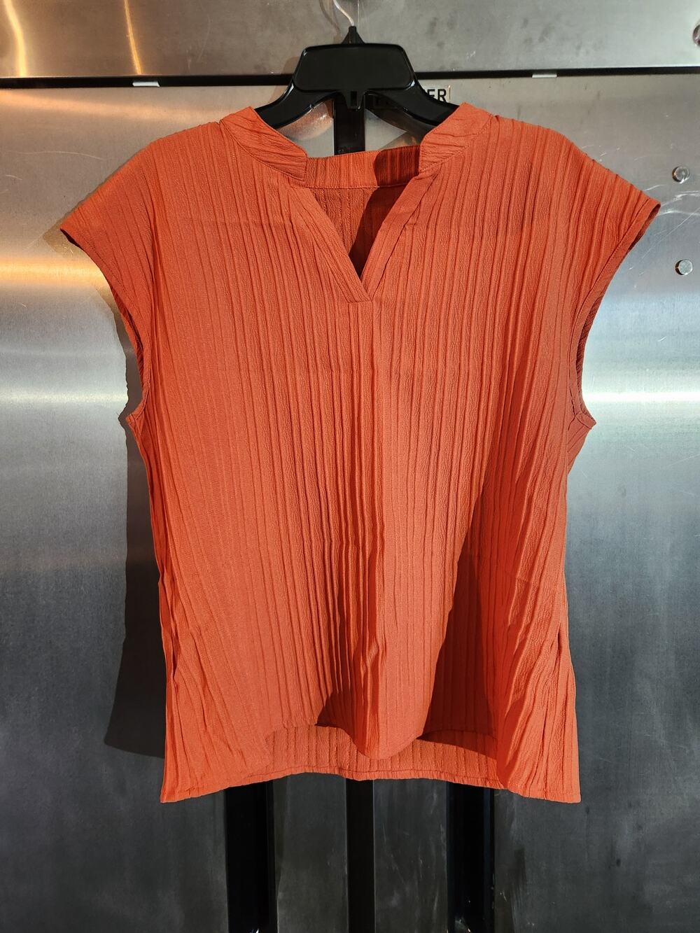 Shein Crinkle Pleated Cap Sleeve Blouse Coral Orange Split Neck Size XL